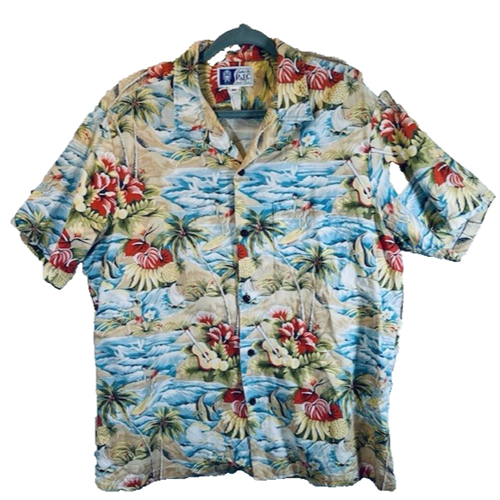 RJC Ltd Hawaiian Shirt XL Surfing Palm Trees Hibiscus Flowers USA VTG